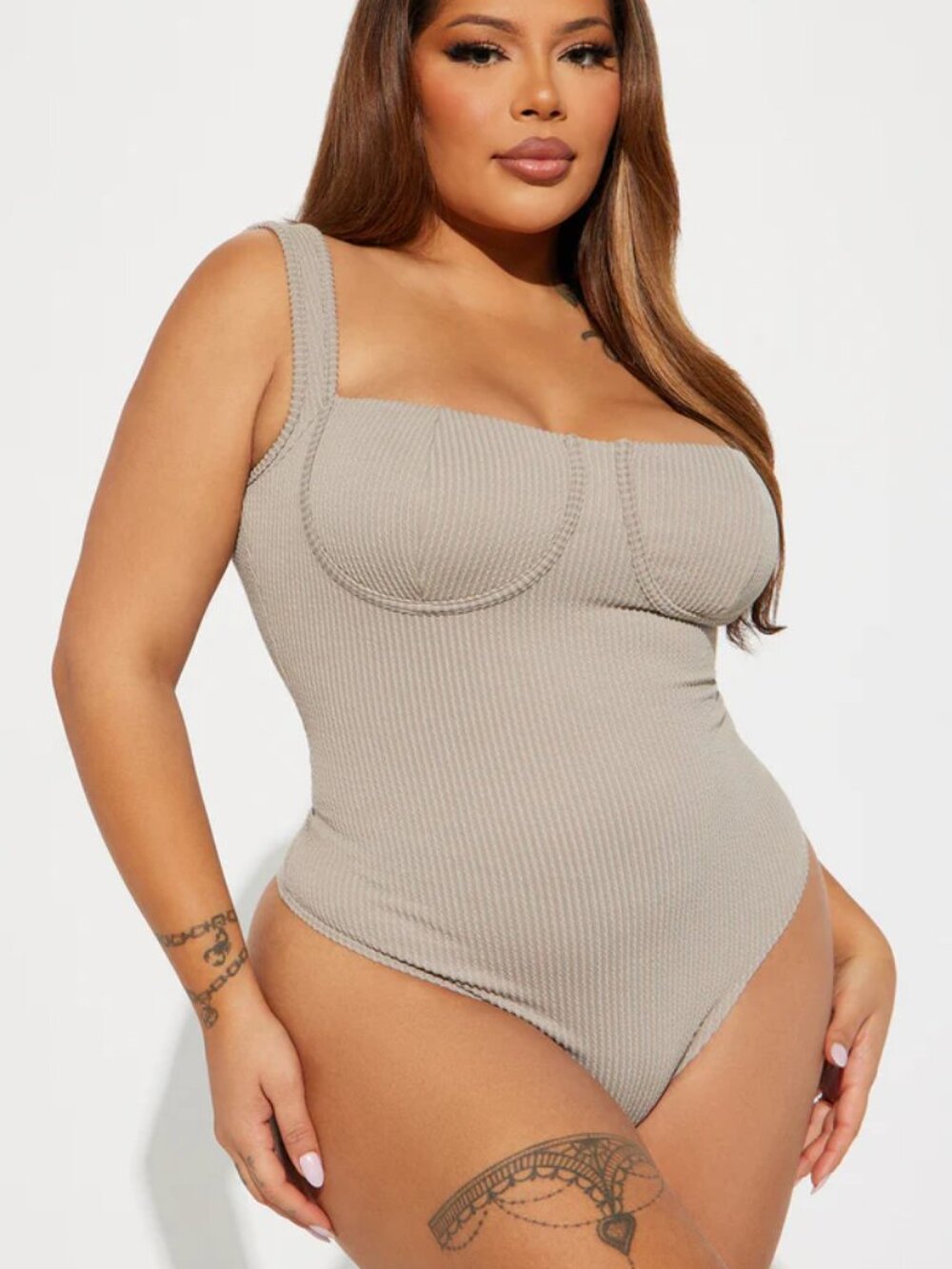Fashion Nova It Girl Ribbed Bodysuit Stone Square Neck Sleeveless 1X NWT